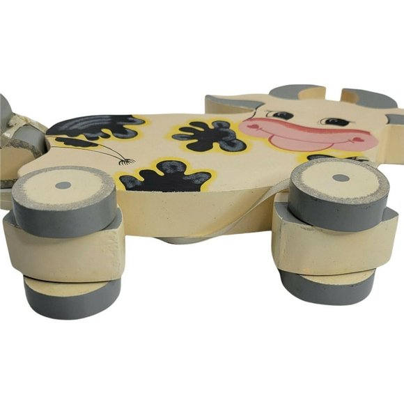 Folk Art Smiling Wooden Cow Toy Heart Pull 8" Length Off White Gray - Picture 7 of 9